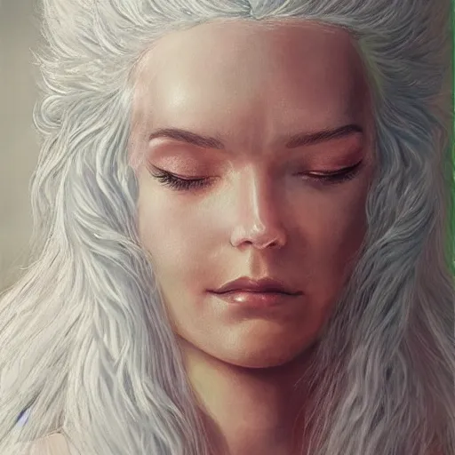 Image similar to a woman with immensely glowing white hair and rose medieval armor, meditating in tranquility as [ her hair flows ]!!, surrealism art, trending on artstation, portrait!!, intricately detailed