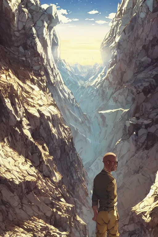 Prompt: walter white enjoying the look of a majestic crystal on a mountain, high intricate details, rule of thirds, golden ratio, cinematic light, 8 k, octane render, anime style, graphic novel by fiona staples and dustin nguyen, art by beaststars and orange, peter elson, alan bean, studio ghibli, makoto shinkai