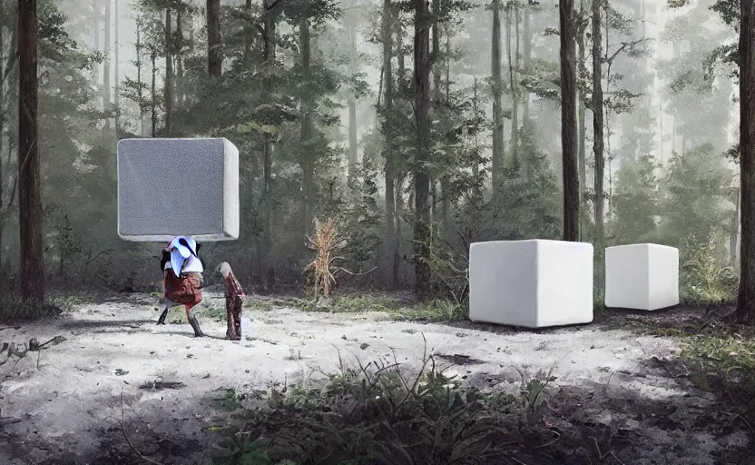 Prompt: one textured white metallic cube on the ground in the forest, realistic sci-fi painting by simon stålenhag, digital art, trending on artstation