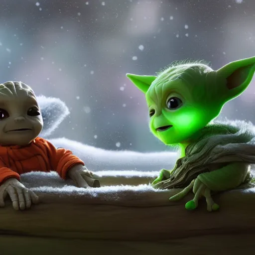 Image similar to Baby Groot and Baby Yoda are building a snowman together, hyperdetailed, artstation, cgsociety, 8k