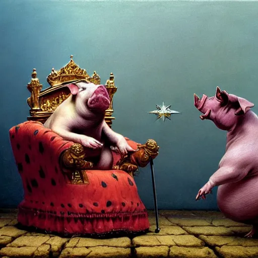 Image similar to a hyper realistic royal pig sits in his throne as a jester begs for his life moments before his demise, highly detailed, by zdzisław beksinski and norman rockwell and greg rutkowskiweta studio, and lucasfilm