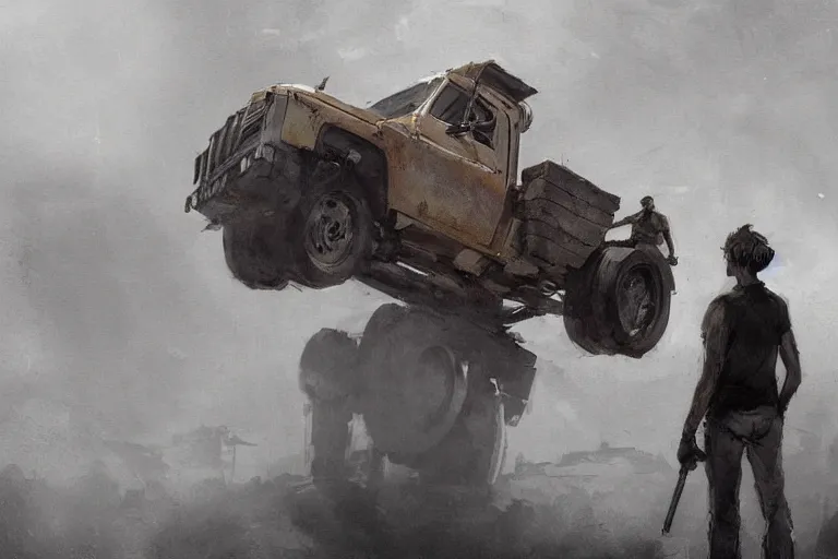 Image similar to epic concept art of an approaching truck and a man standing still. man in foreground. backlight. strong contrast. by ashley wood and j. m. w. turner, speed painting, photo bash, cinematic angle, super detailing, strong perspective, over the shoulder shot
