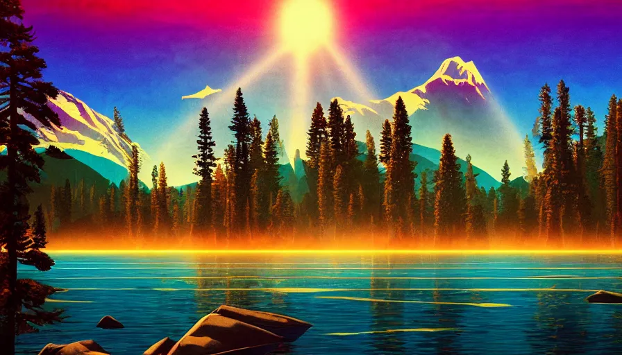 Prompt: a retrowave style artwork of lake tahoe national park, a land of the dead, divine, hazy, volumetric lighting, spacetime bending, very detailed, serene, gold accents, washed out colors, beautiful artwork, master level composition, raytracing