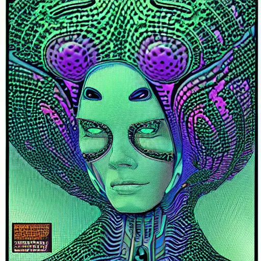 Image similar to sleek highly evolved biomechanical nubile borg queen hybrid dotted with small fractal lichens being possessed by the machine spirit, artists mœbius and philippe caza with beryl cook and jack kirby, high contrast cinematic light, mystical shadows, sharp focus, octane render