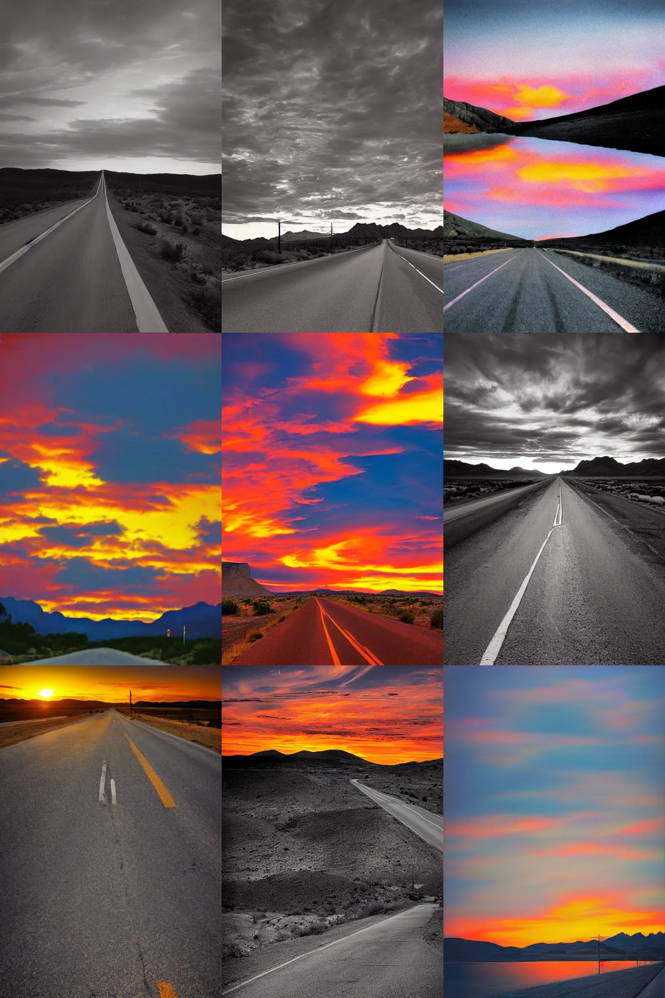 Prompt: colourful sunset at the end of a long highway by ansel adams