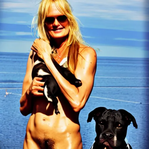 Image similar to daryl hannah in splash with a staffordshire bulldog, professional lighting, cinematic, ultra detailed, perfect face, rules of thirds.