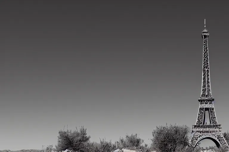 Prompt: nature photography of the eiffel tower in the nevada desert, award winning, digital photograph, telephoto lens, national geographic, very detailed, 8 k