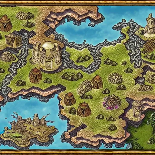 Image similar to RPG fantasy map with castles, mountains and rivers, intricate details, extremely detailed, sharp features
