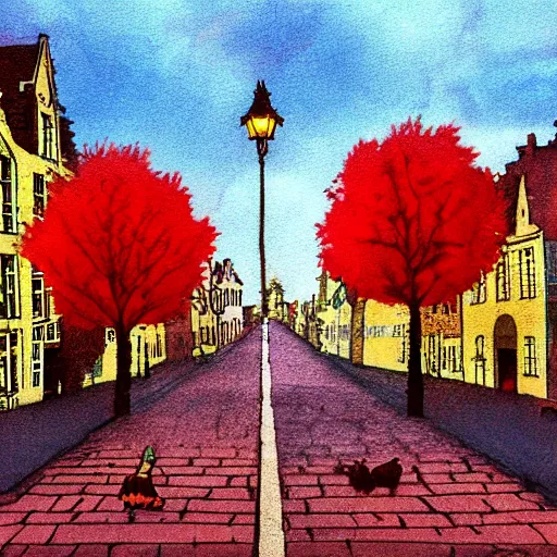 Image similar to 2 hedgehogs walking across the street next to eachother in Bruges, Belgium, in the style of shinji aramaki, autumn, evening, romantic