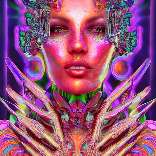 Image similar to extremely psychedelic cyborg queen of lsd. intricate, elegant, highly detailed, photorealistic digital painting, artstation.