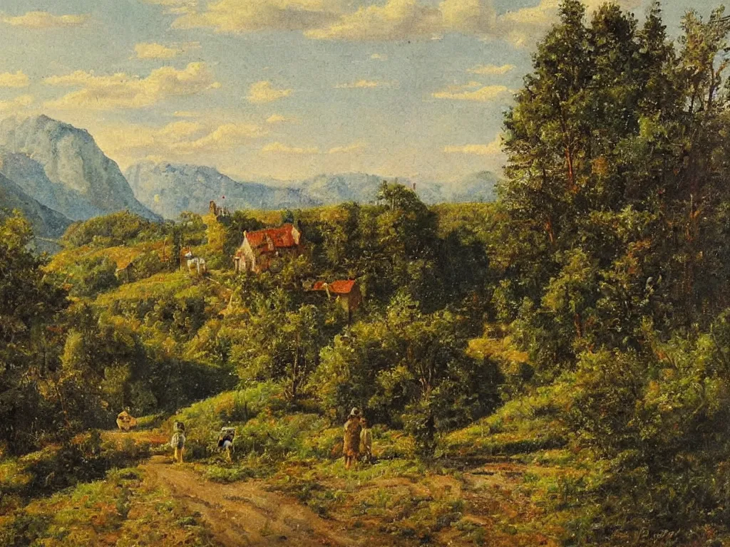 Image similar to scene with character in a landscape. painting by albin brunovsky