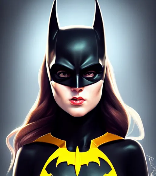 Image similar to portrait of a batgirl with heightened detail, poised, intense emotion, detailed facial expression, detailed surroundings, intricate, elegant, highly detailed, centered, digital painting, artstation, concept art, smooth, sharp focus, illustration, by ( leonardo da vinci ), wlop