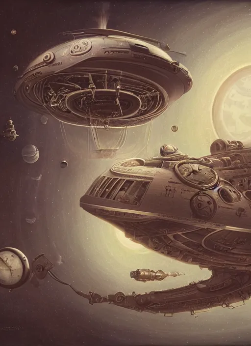 Prompt: highly detailed wide - angle portrait of a retro a retro mechanical saucer spaceship, nicoletta ceccoli, mark ryden, lostfish, earl nore, hyung tae, frank frazetta, global illumination, detailed and intricate environment
