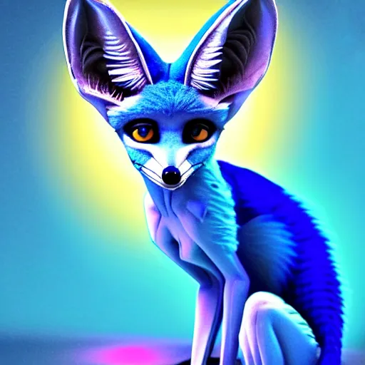 Image similar to long shot of a blue fennec fox android :: by Martine Johanna and Simon Stålenhag and Chie Yoshii and Casey Weldon and Guillermo del toro :: ornate, dynamic, particulate, rich colors, intricate, elegant, highly detailed, centered, artstation, smooth, sharp focus, octane render, 3d