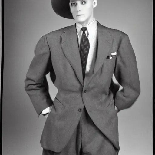 Image similar to A photograph portrait of Jerma985 wearing a suit with and fedora in the 1940s, taken in the early 1940s, grainy, taken on a 940s Kodak Camera, realistic, hyperrealistic, very realistic, highly detailed, very detailed, extremely detailed, detailed, digital art, trending on artstation