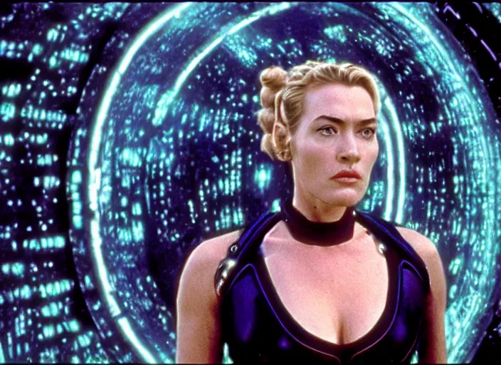 Prompt: film still of kate winslet as borg seven of nine borg 7 of 9 borg in star trek voyager