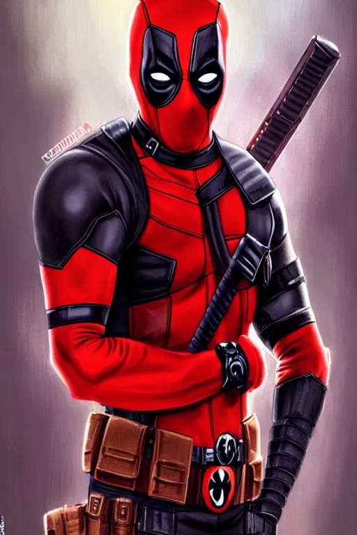 Image similar to Narendra Modi as Deadpool, claws are up, red and black deadpool costume, Narendra Modi hairstyle and beardstyle, calm, grumpy, portrait, masculine figure, highly detailed, digital painting, artstation, concept art, smooth, sharp focus, illustration, cinematic lighting, art by artgerm and greg rutkowski and alphonse mucha