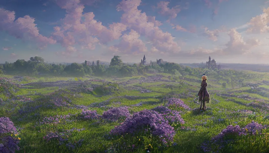 Image similar to landscape painting drone shot of violet evergarden standing on a distant flower hill, behind it a distant old german city, blue sky, sunshine, fantasy, intricate, elegant, highly detailed, digital painting, artstation, blender, unreal engine 5, octane render, smooth, sharp focus, illustration, by Philipp A. Urlich and greg rutkowski