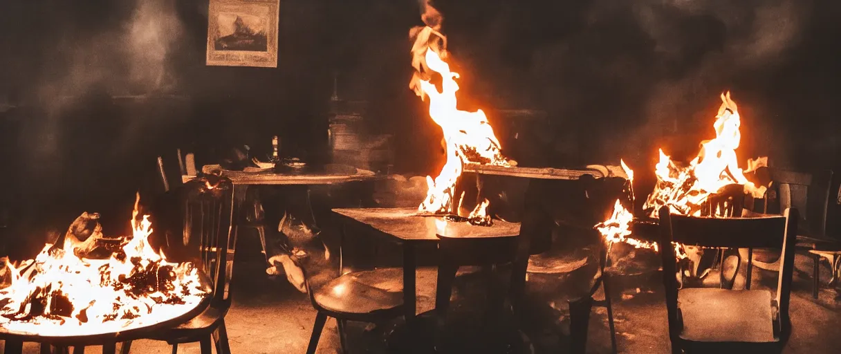 Image similar to a photograph of a big fire on a dining room on fire, only remains a wooden table and a chair (no fire at all there), an human-like relaxed dog sitting at this table, ☕ on the table, surrounded by flames, a lot of flames behind the dog, black smoke instead of the ceiling, no watermark