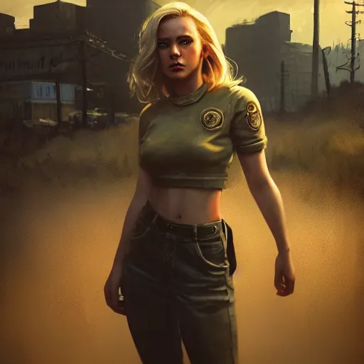 Prompt: fallout 5, charismatic beautiful rugged blonde female protagonist, portrait, outdoors ruined cityscape, atmospheric lighting, painted, intricate, volumetric lighting, beautiful, daytime, slight overcast weather, sharp focus, deep colours, golden hour, ultra detailed, by leesha hannigan, ross tran, thierry doizon, kai carpenter, ignacio fernandez rios