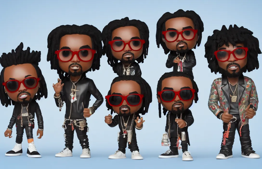 Image similar to funko pop of rap group migos members quavo, offset and takeoff, product shot, macro, hyper realistic, octane render, unreal engine, 4 k, 8 k