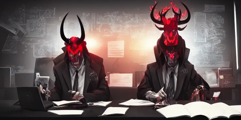 Image similar to dark lord sitting at desk large horns and suit, medium shot, portrait, semi realistic anime, red demon cyberpunk symbols