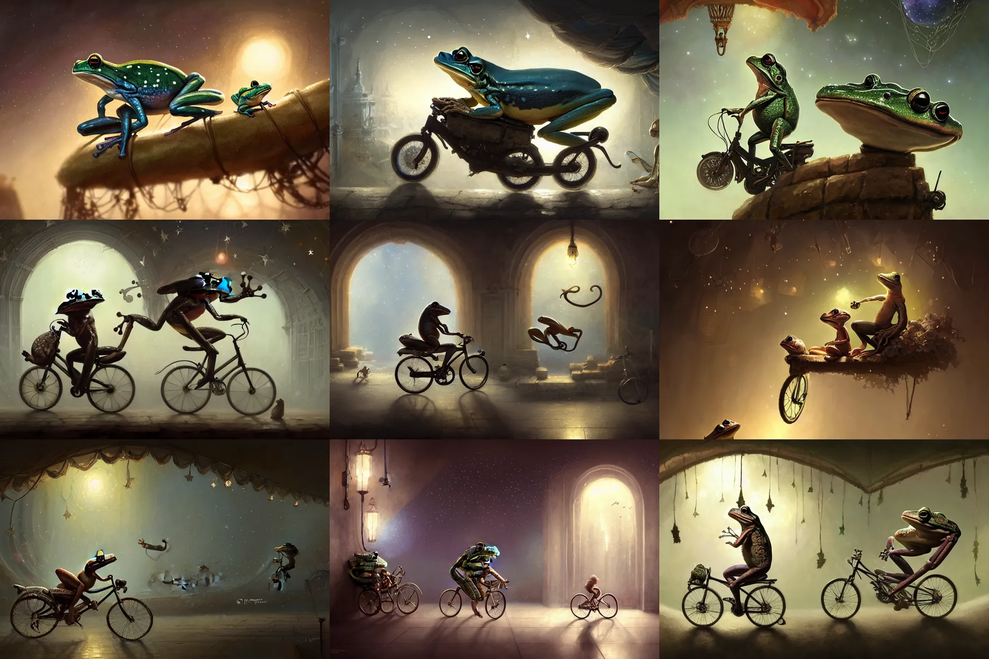 Prompt: frog riding a bike in a museum with walls with stars and hanging silk drapery and tapestries, light dust, magnificent, close up, sharp focus, elegant, highly detailed, illustration, by jordan grimmer greg rutkowski wlop maya takamura, intricate, trending artstation, pixiv, digital art