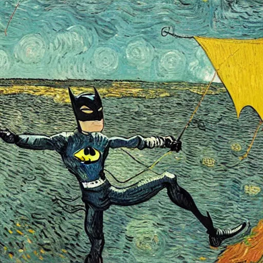 Prompt: batman flying a kite, van gogh painting,