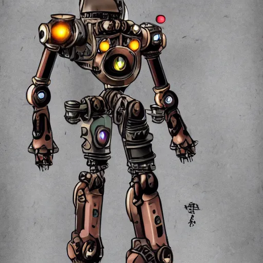 Image similar to a steampunk mech - suit that can shoot lazers, anime, plain background, cinematic lighting, finely detailed,