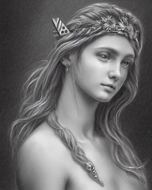 Image similar to pencil drawing of a beautiful greek goddess aphrodite wearing a laurel wreath and arrowhead earrings, beautiful confident eyes, beautiful flowing hair, hyper realistic face, in the style of greg rutkowski, fantasy, amazing detail, epic, elegant, smooth, sharp focus, from the front, long shot