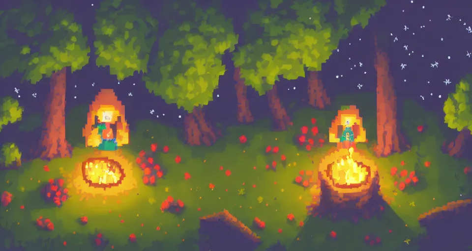 Image similar to Pixelart of a small cute witch sitting at a cozy bonfire in the forest meadow under starry sky, volumetric lighting, glowing lights, 4k, octane, digital pixel art, pixiv, by Aenami