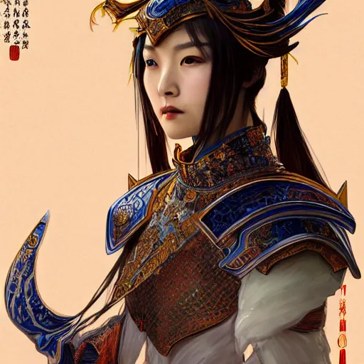 Image similar to beautiful and divine and holy and elite and colorlpunk three kingdom chinese female armor knight portrait like twice tzuyu+shinnyy eyes+front face with light flowing hair, ultradetail face, art and illustration by tian zi and craig mullins and WLOP and alphonse mucha, fantasy, intricate complexity, human structure, human anatomy, fantasy character concept, watermark, blurry, hyperrealism 8k