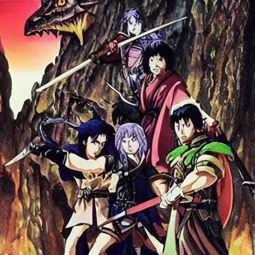 Image similar to An adventuring party navigating a dark dungeon, fantasy, D&D, detailed, 1990's Japanese OVA still, Yuuki Nobuteru