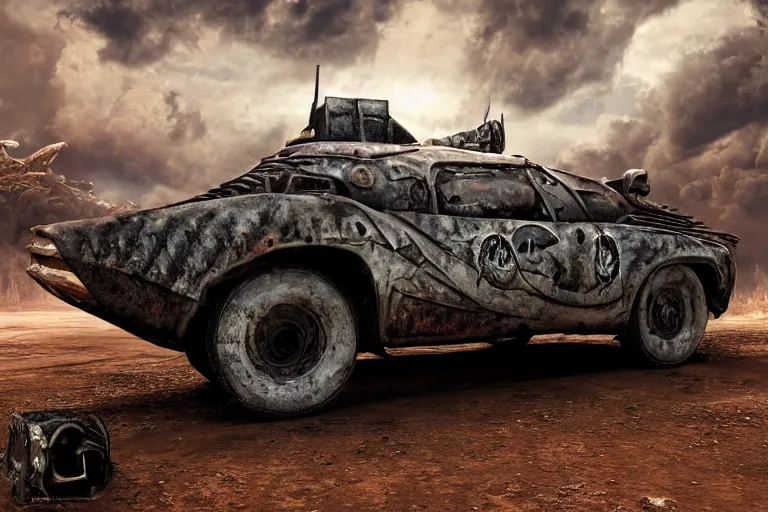 Image similar to ultra realist 3d soft paint of a single gothic four wheel vehicle fully armored, Mad Max and Fallout, symmetry accurate features, very intricate details, ominous sky, volumetric light clouds, post apocalyptic background