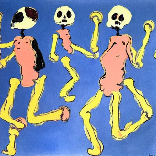 Image similar to dancing skeletons inspired by matisse dancers, painted by francis bacon,