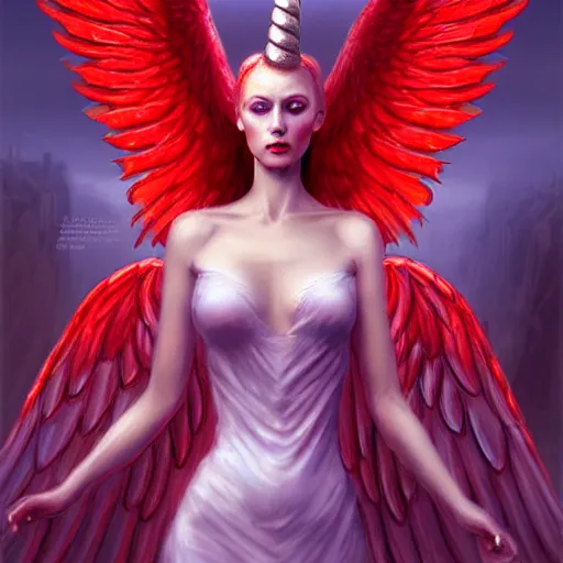 Prompt: woman - unicorn hybrid red angel - wings, stunning, wide dress, shocked very wide open eyes, realistic, symmetric portrait, face, intricate, very detailed, fantasy digital art, trending in artstation, marc simonetti