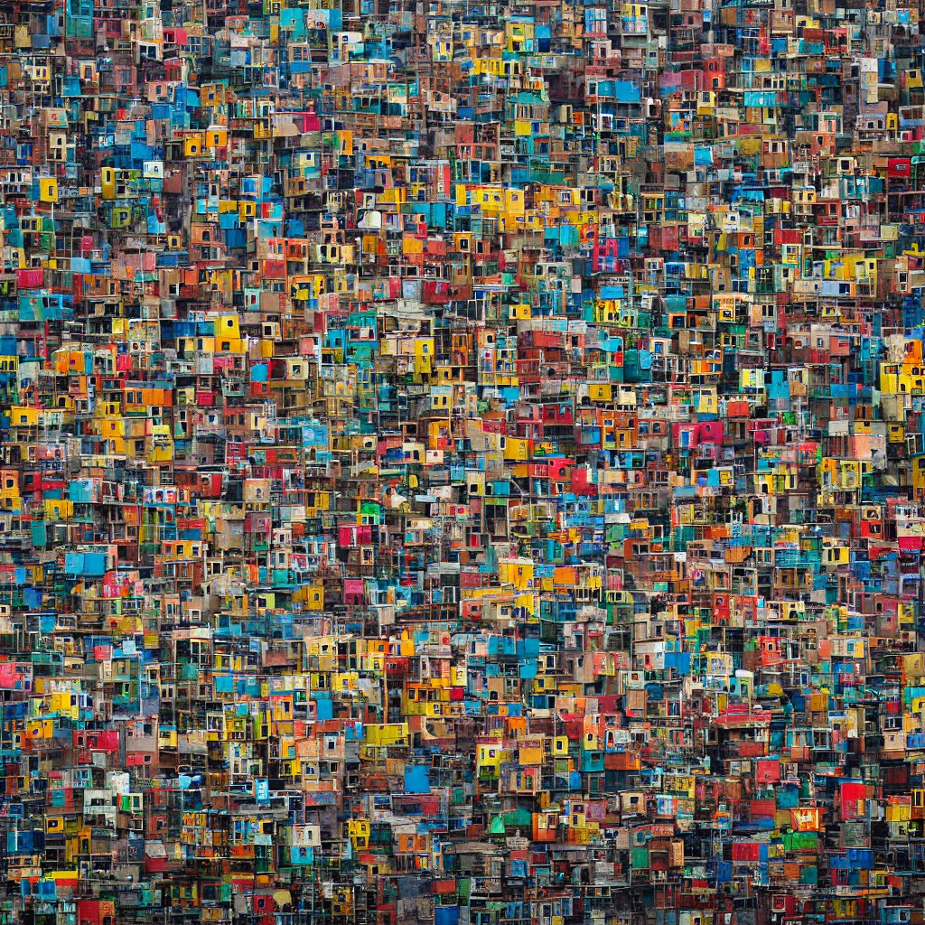 Prompt: colourful vertically densely stacked makeshift squatter shacks, suspended over a quagmire, plain uniform sky at the back, misty, mamiya, ultra sharp, very detailed, photographed by alejandro jodorowsky