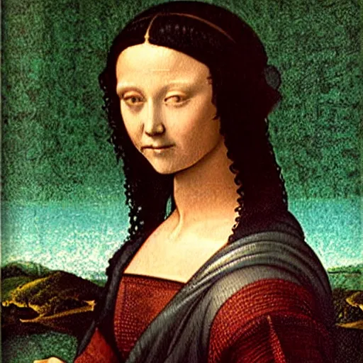 Image similar to young woman from the year 1 5 0 0, seated in front of a landscape background, her black hair is curly, she wears a dark green dress pleated in the front with yellow sleeves, puts her right hand on her left hand, and smiles slightly, oil painting in style of leonardo da vinci