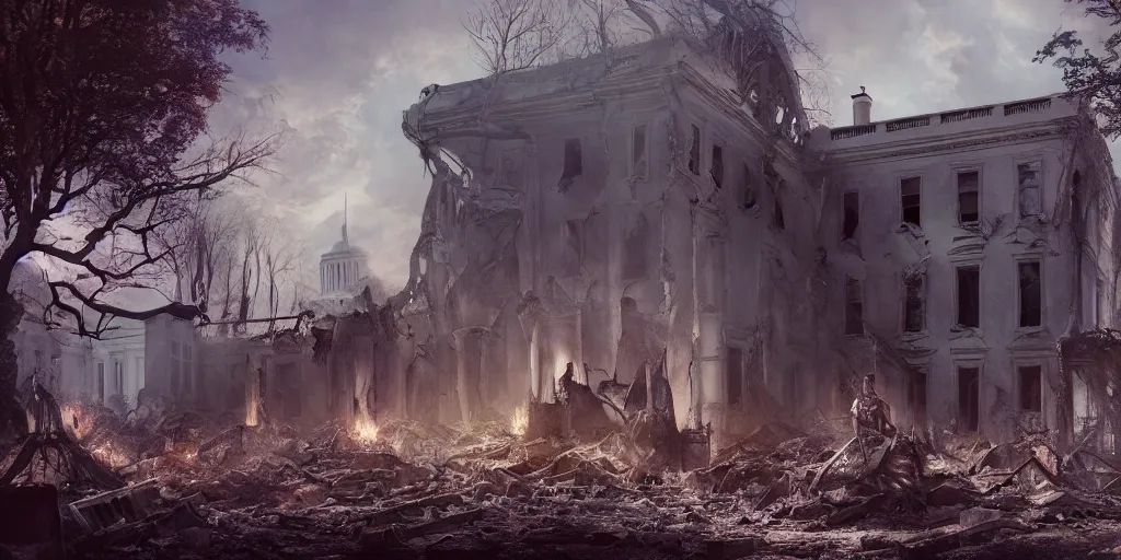 Prompt: coven of beautiful witches exploring scorched ruins of the white house in washington dc, 3 d render, hyper realistic, ultra detailed, ruan jia, peter morbacher, wlop, scifi, fantasy, magic the gathering, hyper detailed, octane render, concept art, 8 k