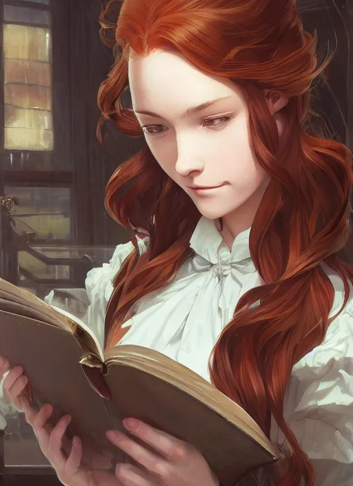 Image similar to a victorian maid with long flowing auburn hair in a reading room. By Makoto Shinkai, Stanley Artgerm Lau, WLOP, Rossdraws, James Jean, Andrei Riabovitchev, Marc Simonetti, krenz cushart, Sakimichan, trending on ArtStation, digital art.