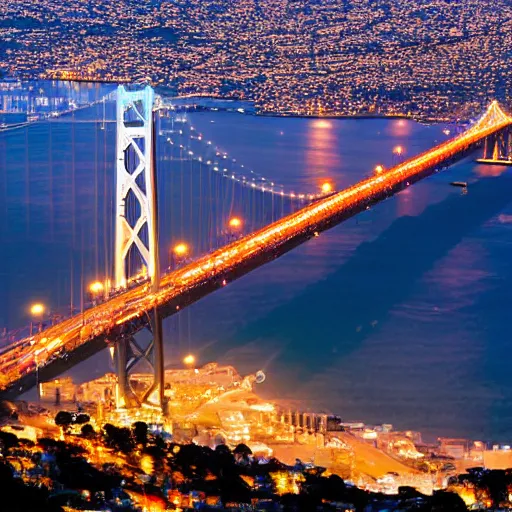 Prompt: nightfall over san francisco and the bay area, bay bridge, boats, cityscape buzzing with activity, beautiful scenery, breathtaking