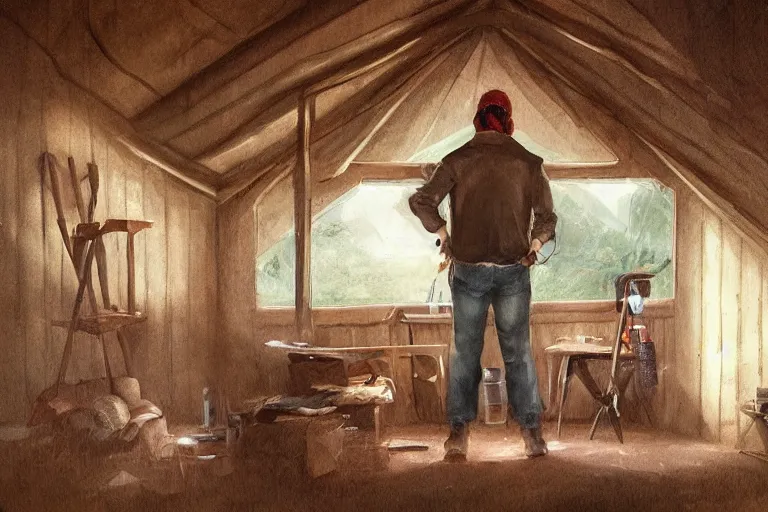 Prompt: A man in a hut in the middle of nowhere hand-cranking a generator while watching videos on his laptop, Charlie Bowater