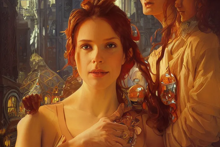 Image similar to portrait of tinfoil hat man in orange t - shirt behind his wife, feelings, romantic, fantasy, intricate, elegant, highly detailed, digital painting, artstation, concept art, smooth, sharp focus, illustration, art by artgerm and greg rutkowski and alphonse mucha