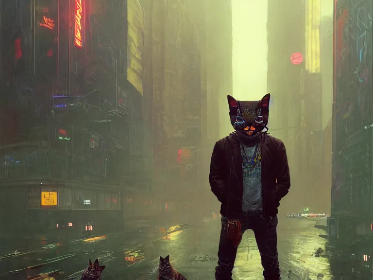 Prompt: new york city portrait of furry anthro anthropomorphic cat head animal person fursona wearing clothes strange cybernetic muzzle gloomy rainy screenshot from the video game cyberpunk 2077 digital art by Greg Rutkowski, Simon Stalenhag, christopher nolan trending on Artstation, CGSociety