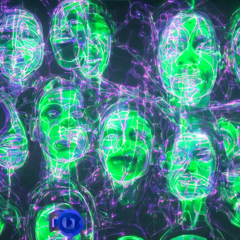 Image similar to fluxus performance of'blue and green'gradient colors light projection onto a few giant smiling human heads in a cramped art gallery, high contrast hyperrealism trending on arstation 8 k