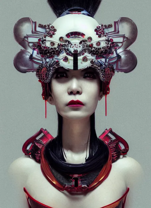 Image similar to portrait of a sensual futuristic geisha cyborg with headpiece, kintsugi, modern fine art, fractal, in the style of ghosts in the shell, intricate ornaments, elegant, highly detailed, digital photography, subsurface scattering, by jheronimus bosch and greg rutkowski,