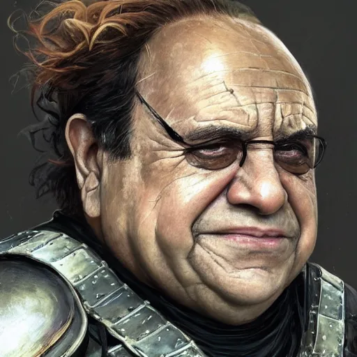 Image similar to a professionally painted portrait of Danny Devito, clothed in ancient battle armor, wrinkled skin, curly black hair, scar across face, intricate, elegant, digital painting, trending on Artstation, concept art, smooth, sharp focus, illustration, from Metal Gear by Ruan Jia and Mandy Jurgens and Artgerm and and william-adolphe bouguerea, award winning