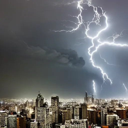 Image similar to a gigantic diety, towering over a city, during a thunderstorm,