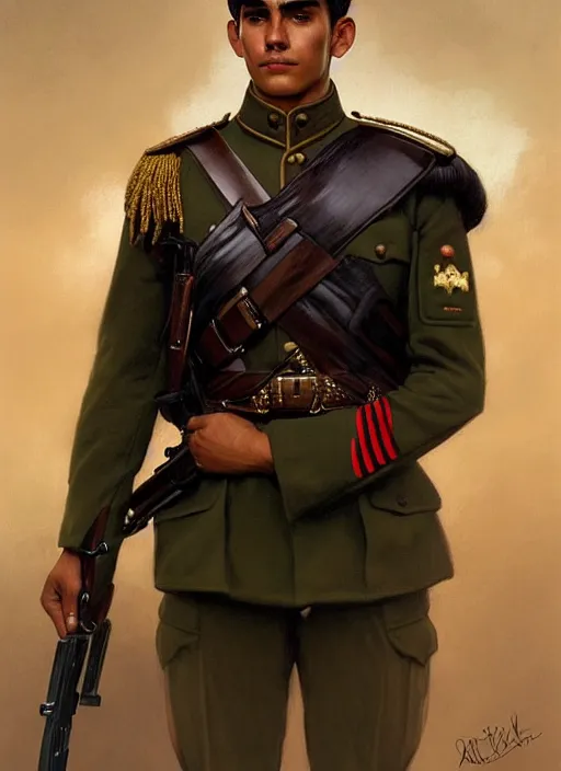 Prompt: portrait of stoic looking young peruvian soldier, military uniform, black hair, thick eyebrows, fantasy, intricate, elegant, highly detailed, centered, dark, smokey, digital painting, artstation, concept art, smooth, sharp focus, illustration, art by artgerm and greg rutkowski and alphonse mucha