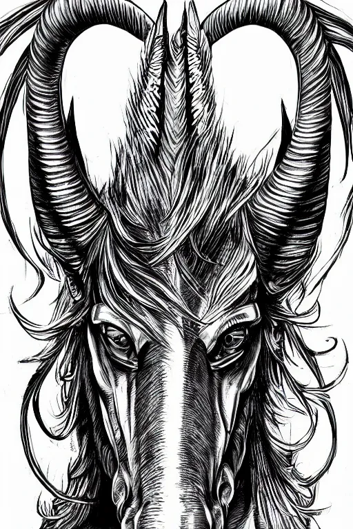 Image similar to demon horse with a horn, symmetrical, highly detailed, digital art, sharp focus, trending on art station, kentaro miura manga art style